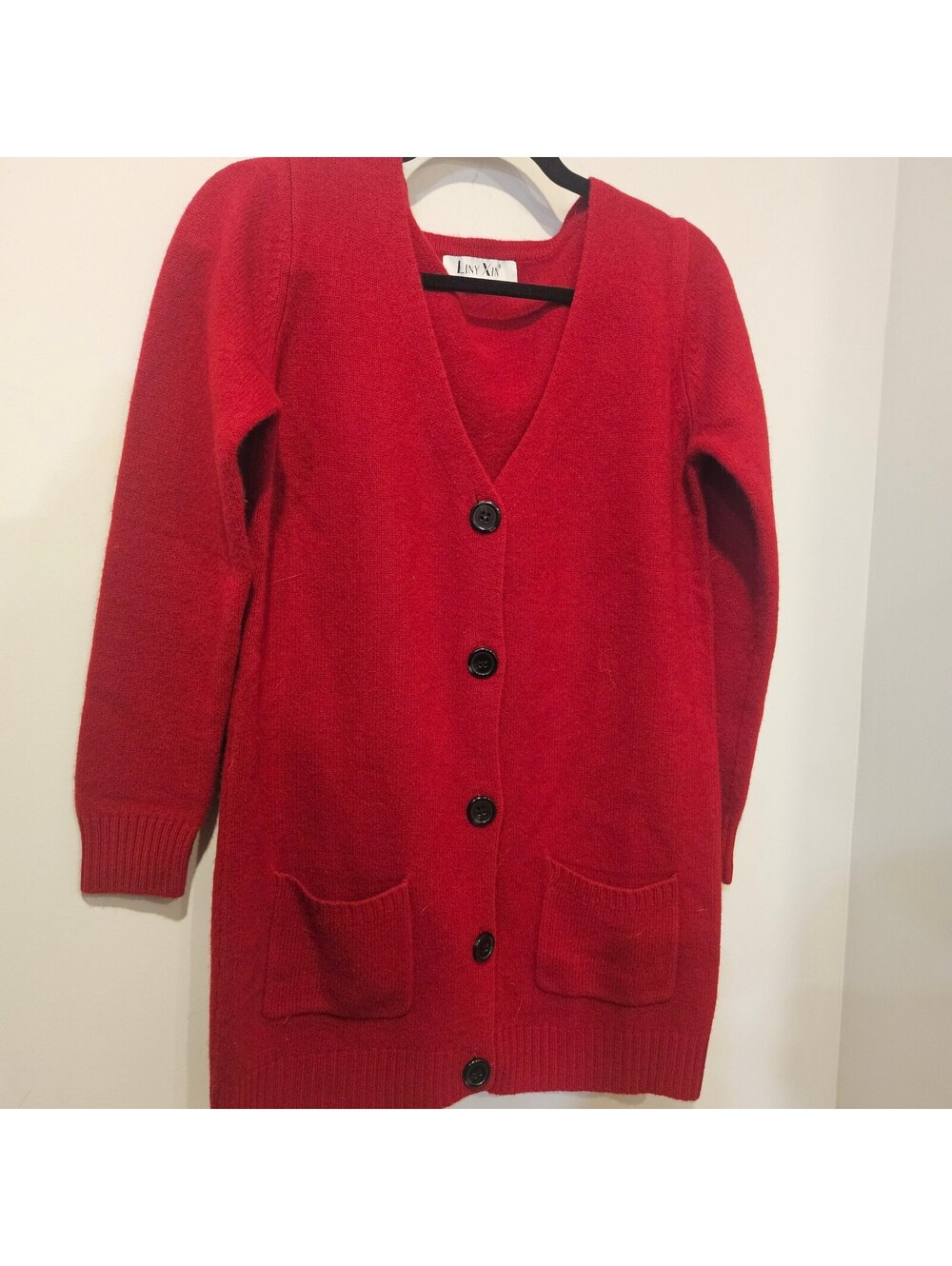 Vintage 100% Superfine Merino Wool Long Cardigan Liny Xin Red Sweater Women's L